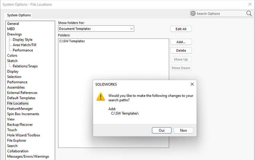 Boîte de dialogue System Options - File Locations avec prompt de mise à jour des chemins