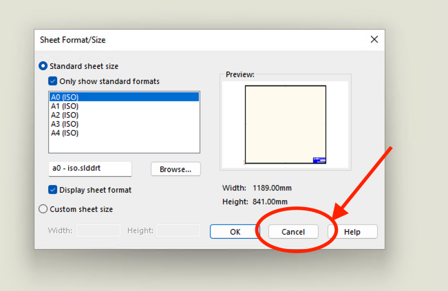 Boîte Sheet Format/Size avec le bouton Cancel encerclé